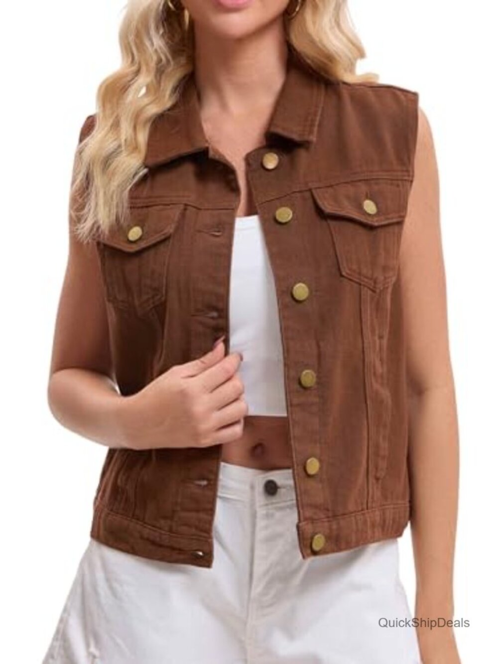 Womens Sleeveless Denim Vest Button Down Washed Distressed Jean Jacket with